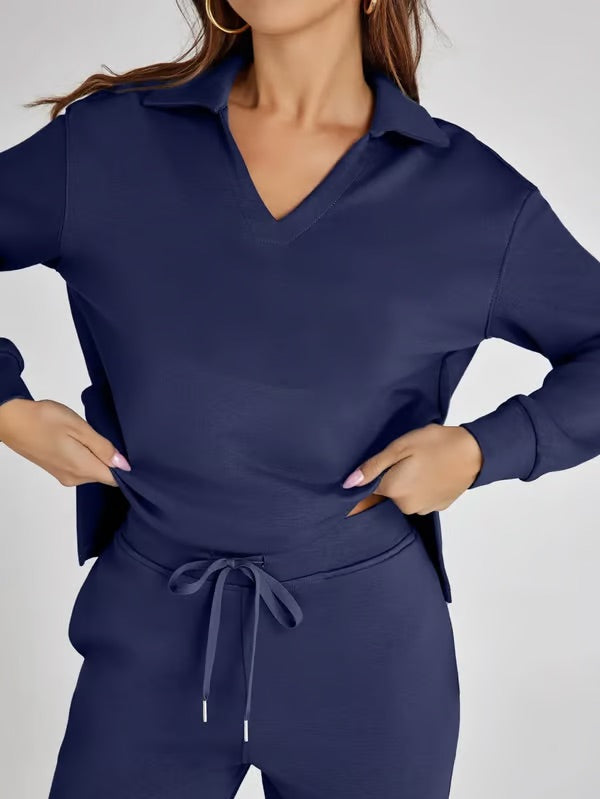 Loungewear Set - V Neck Top with Wide Leg Trousers
