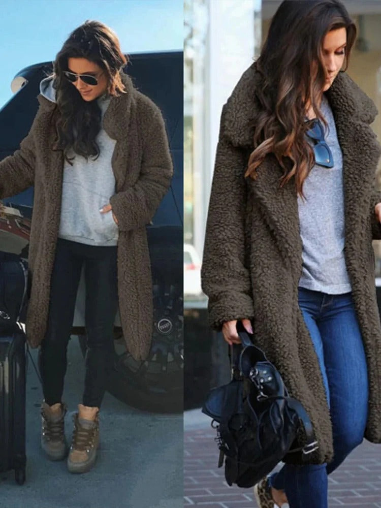 Long Teddy Coat - Open Front with Relaxed Fit