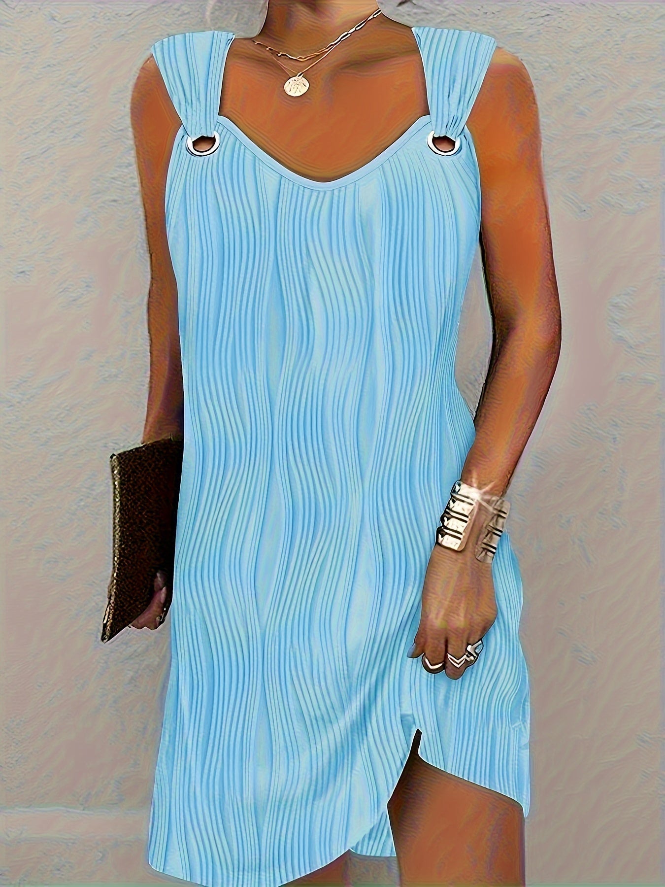 Sleeveless Mini Dress - V Neck with Side Split