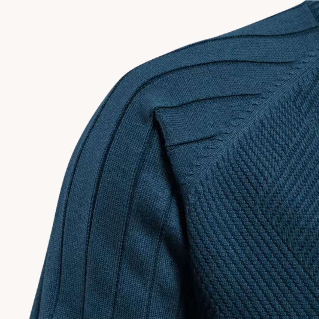 Full Zip Knit Jacket - Ribbed Shoulders and High Collar