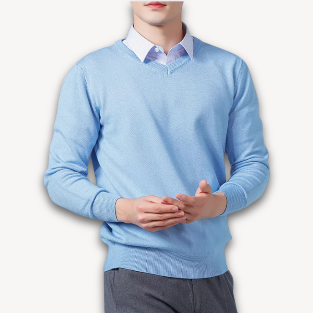 V Neck Pullover Jumper - Slim Fit Layered Collar Look