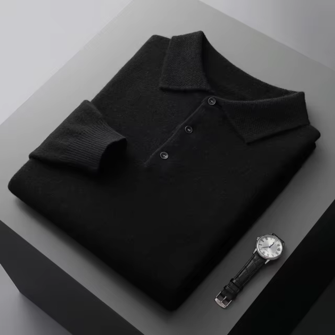 Long Sleeve Polo Jumper - Ribbed Collar Button Neck