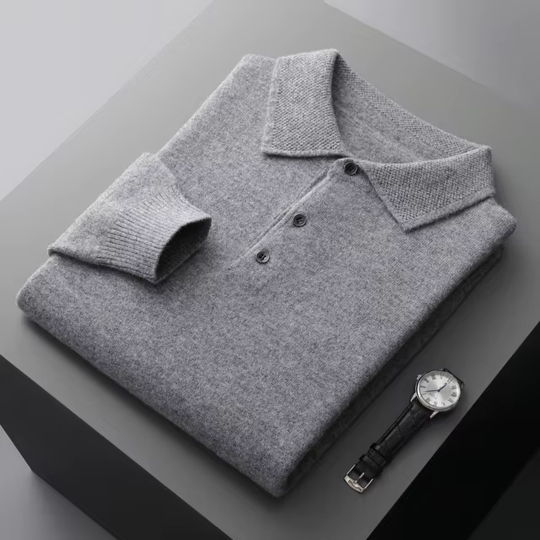 Long Sleeve Polo Jumper - Ribbed Collar Button Neck