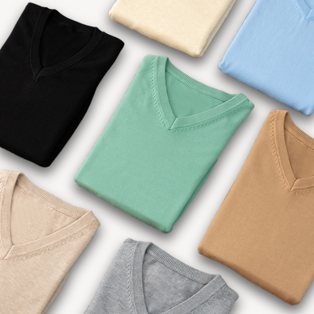 V Neck Pullover Jumper - Slim Fit Layered Collar Look