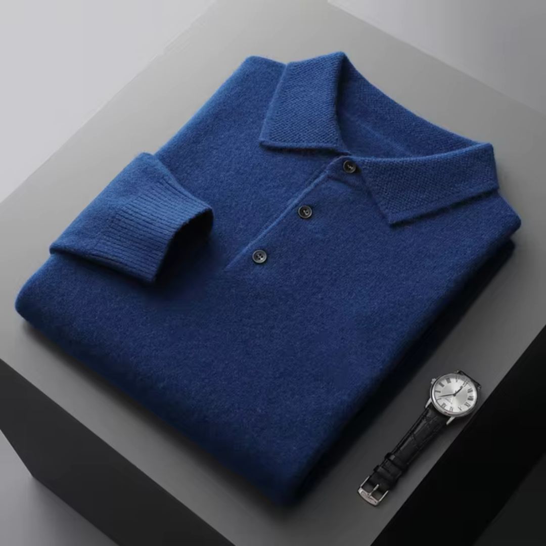 Long Sleeve Polo Jumper - Ribbed Collar Button Neck