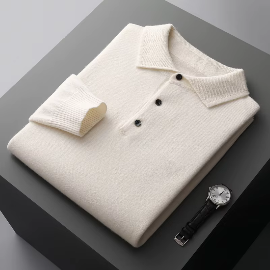 Long Sleeve Polo Jumper - Ribbed Collar Button Neck