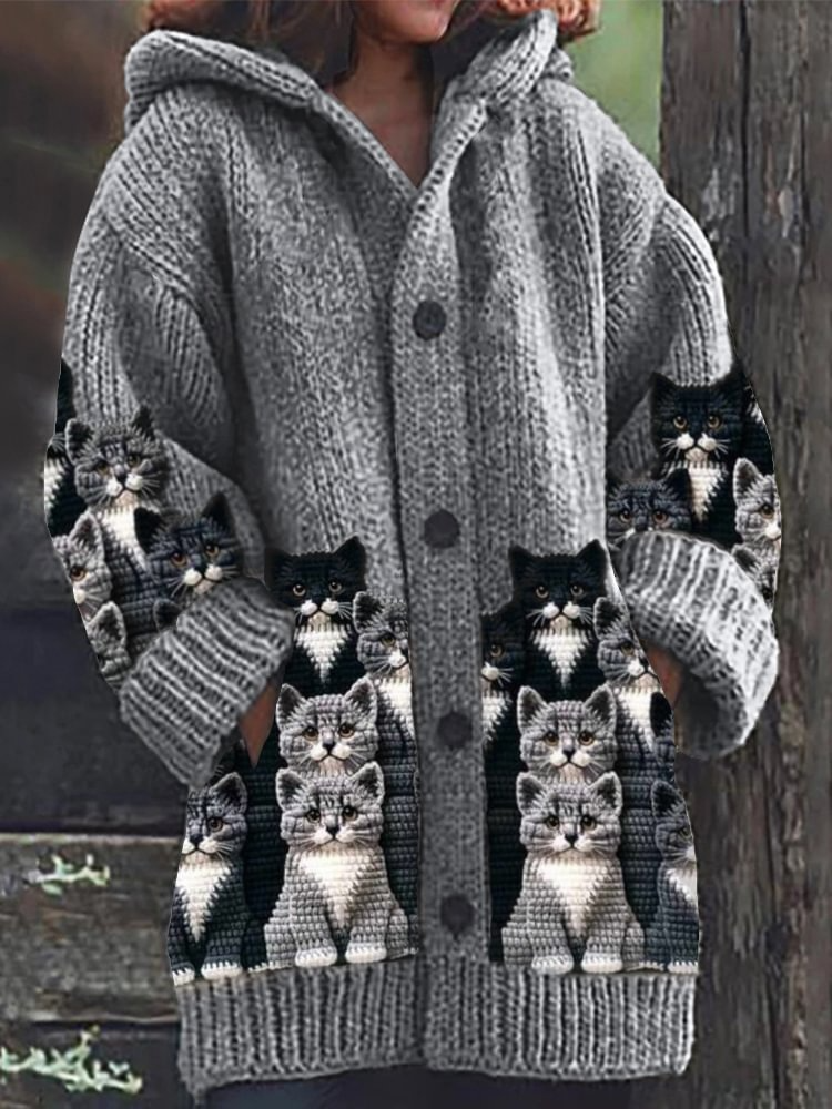 Hooded Knit Cardigan - Cat Print Design