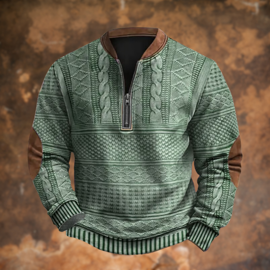 Quarter Zip Sweater - Textured Knit with Elbow Patch Detail
