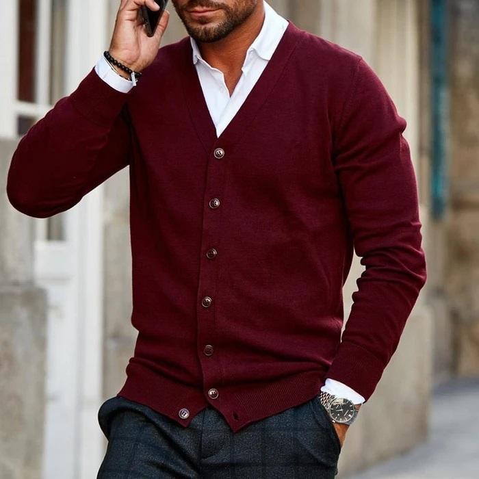 V Neck Button Cardigan - Slim Fit Knitwear