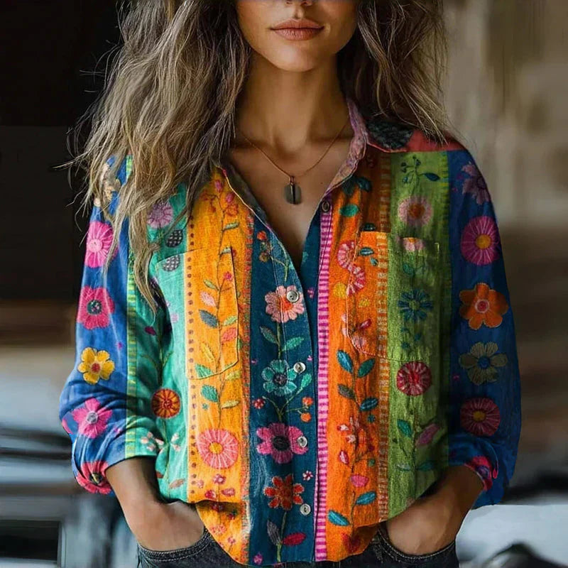 Long Sleeve Blouse | Button Front Printed Design