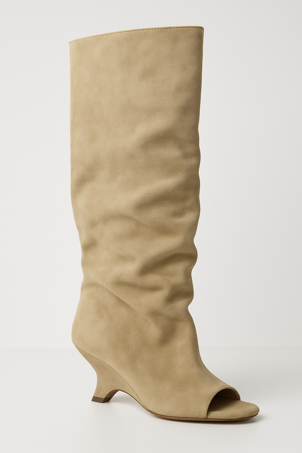 Knee High Boots - Peep Toe Sculpted Wedge Heel