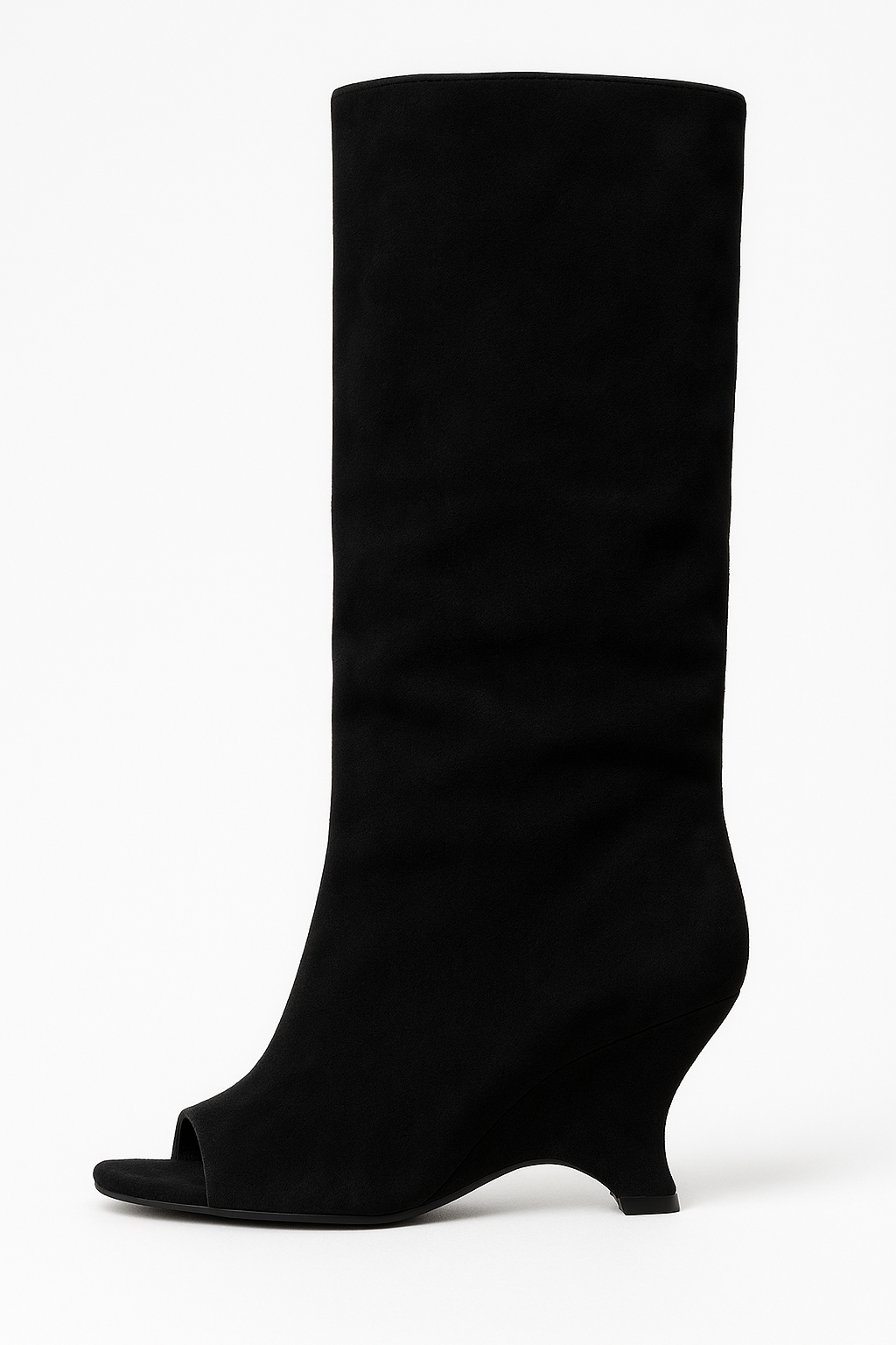 Knee High Boots - Peep Toe Sculpted Wedge Heel