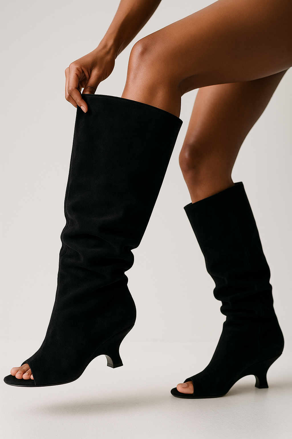 Knee High Boots - Peep Toe Sculpted Wedge Heel