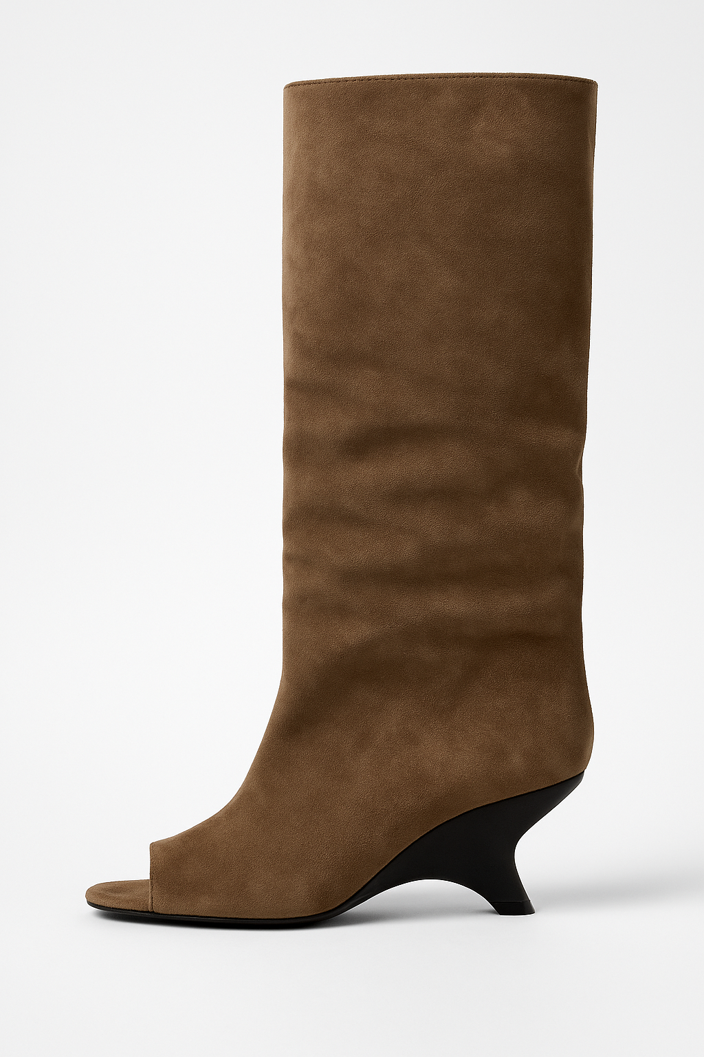 Knee High Boots - Peep Toe Sculpted Wedge Heel
