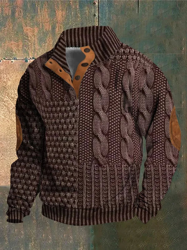 Patterned Quarter Zip Knit Sweater | Button Collar with Textured Design