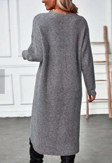 Knit Midi Wrap Dress - Long Sleeve Asymmetric Hem