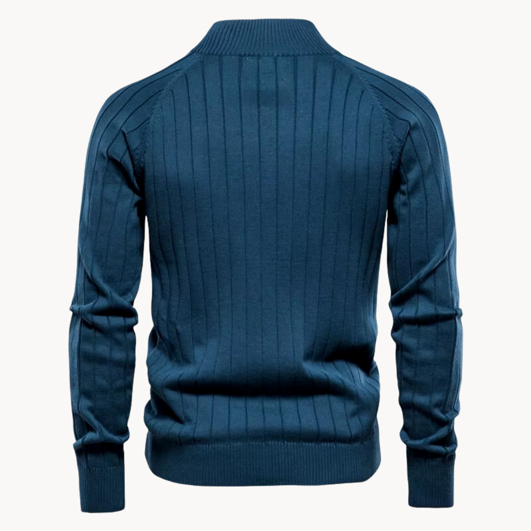 Full Zip Knit Jacket - Ribbed Shoulders and High Collar
