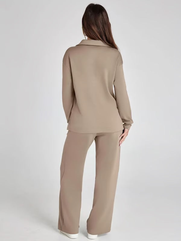 Loungewear Set - V Neck Top with Wide Leg Trousers