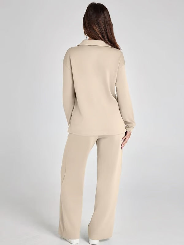 Loungewear Set - V Neck Top with Wide Leg Trousers