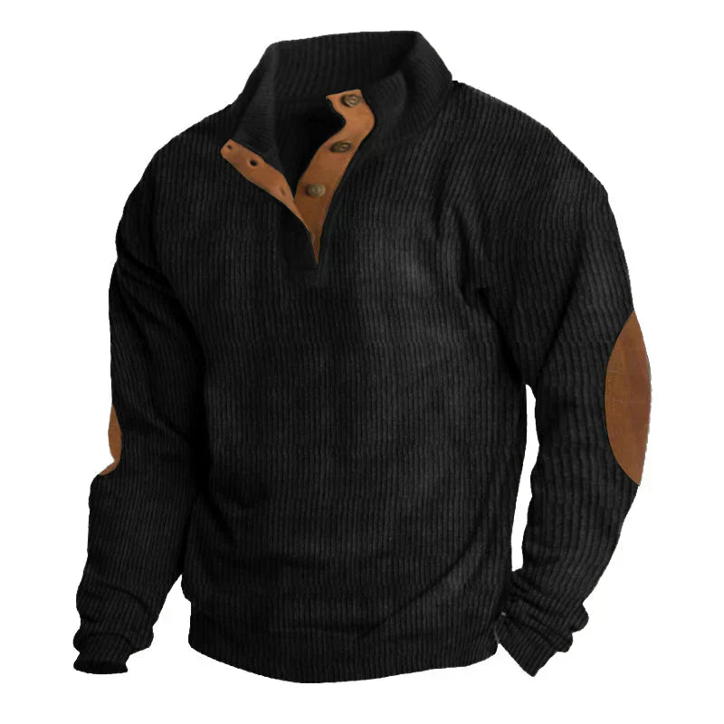 Half Button Knit Jumper - Ribbed Texture with Elbow Patches