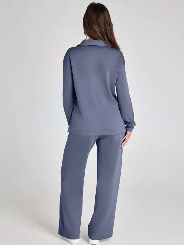 Loungewear Set - V Neck Top with Wide Leg Trousers