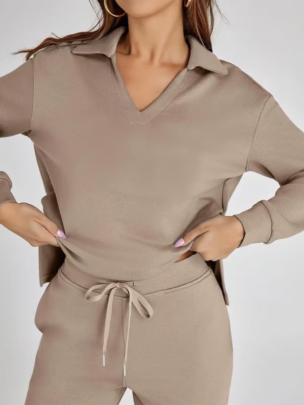 Loungewear Set - V Neck Top with Wide Leg Trousers