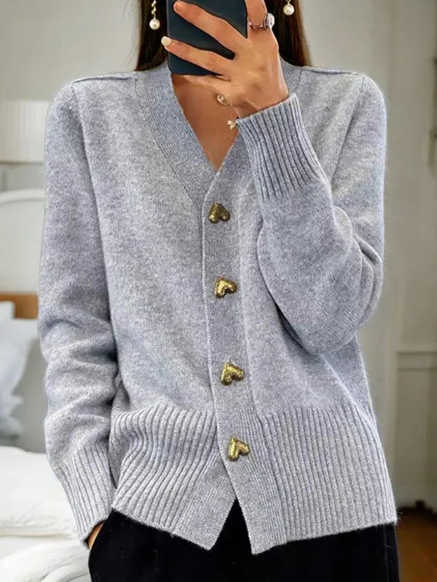 V Neck Knit Cardigan - Heart Button Detail