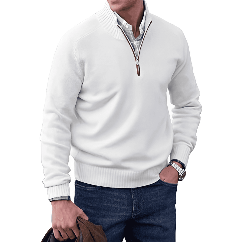 Quarter Zip Sweater - Ribbed Collar and Long Sleeve Design