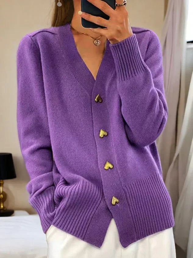 V Neck Knit Cardigan - Heart Button Detail