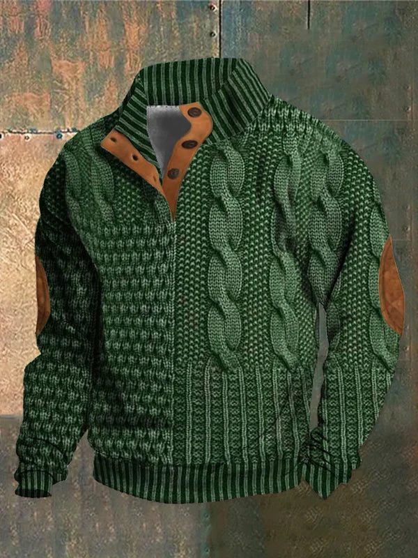 Patterned Quarter Zip Knit Sweater | Button Collar with Textured Design