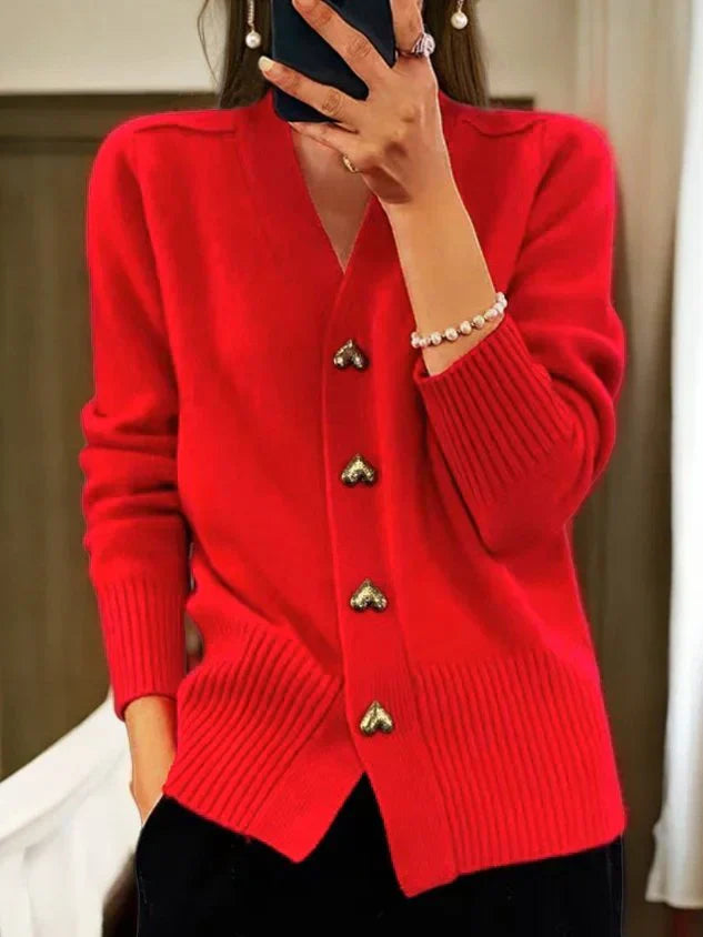 V Neck Knit Cardigan - Heart Button Detail