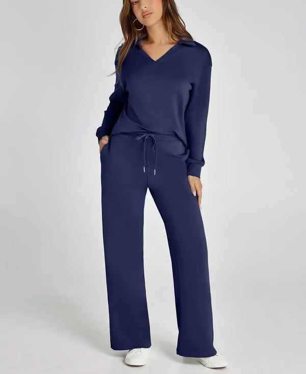 Loungewear Set - V Neck Top with Wide Leg Trousers