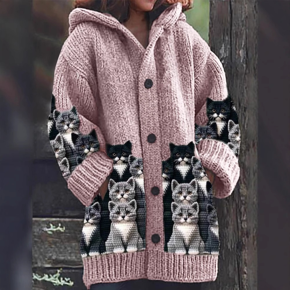 Hooded Knit Cardigan - Cat Print Design