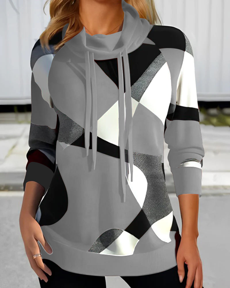 Cowl Neck Long Sleeve Top - Abstract Print Design