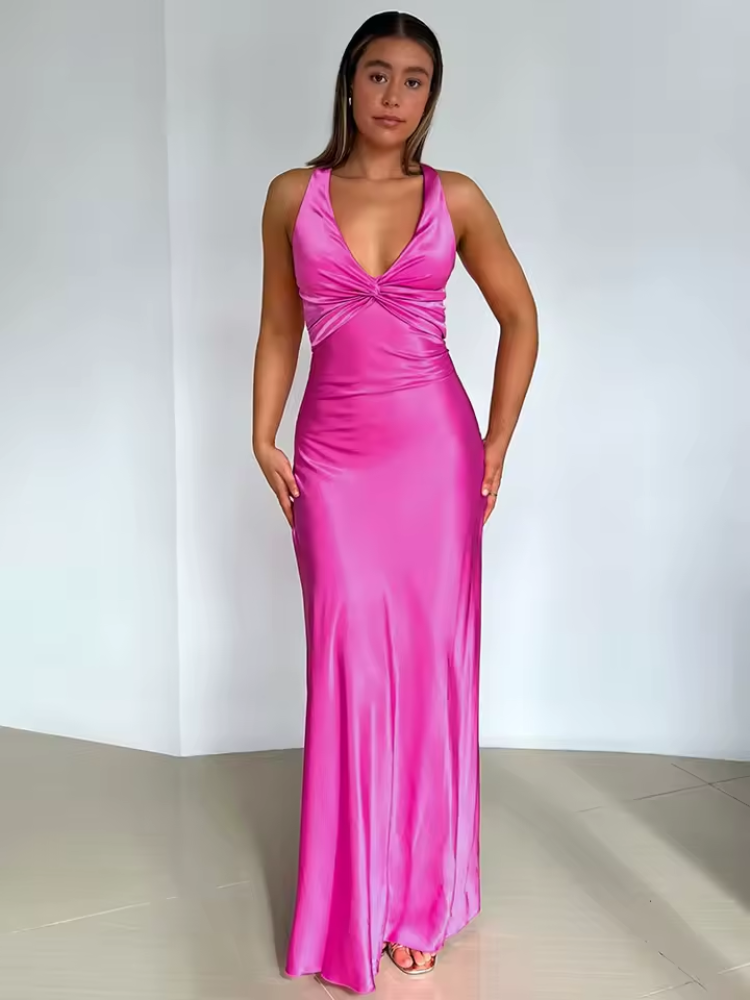 Women’s Backless Maxi Dress | Cross Back Tie Waist Evening Dress