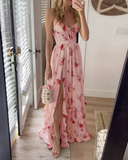 Women's Floral Ruffle Corset Wedding Guest Maxi Dress