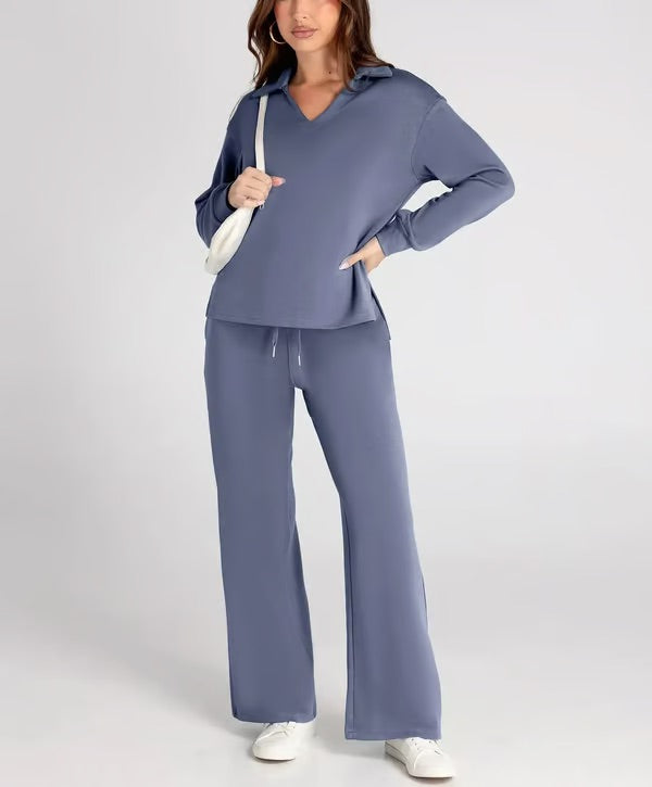 Loungewear Set - V Neck Top with Wide Leg Trousers