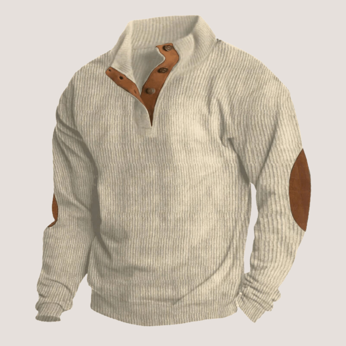 Button Neck Sweater | Ribbed Knit with Elbow Patch Detail