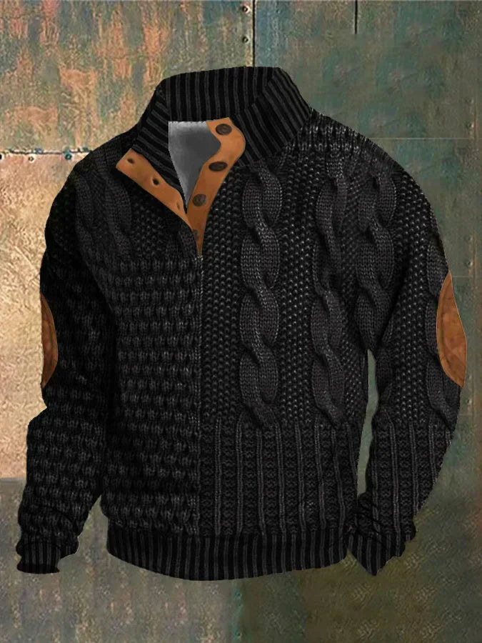 Patterned Quarter Zip Knit Sweater | Button Collar with Textured Design