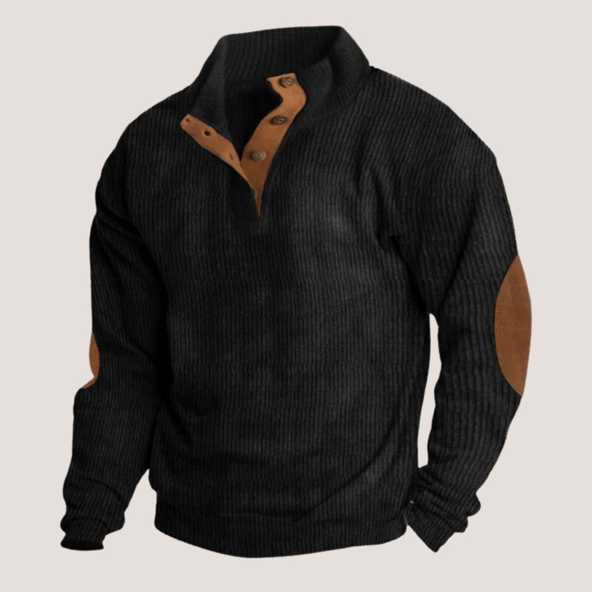 Button Neck Sweater | Ribbed Knit with Elbow Patch Detail