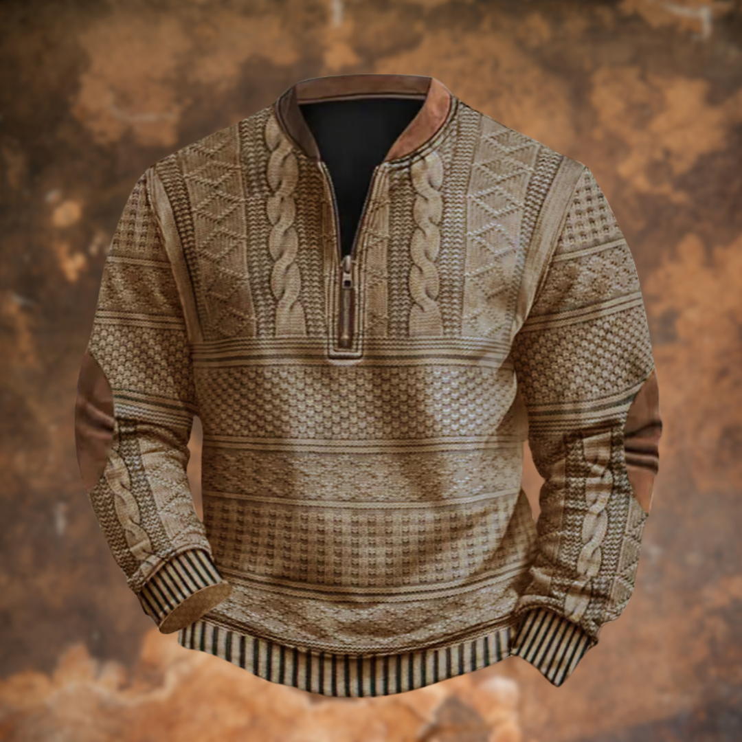 Quarter Zip Sweater - Textured Knit with Elbow Patch Detail
