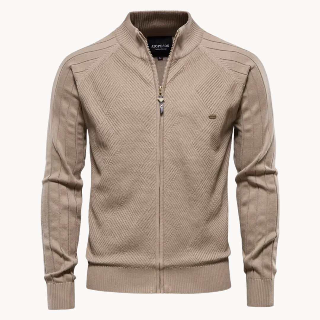 Full Zip Knit Jacket - Ribbed Shoulders and High Collar