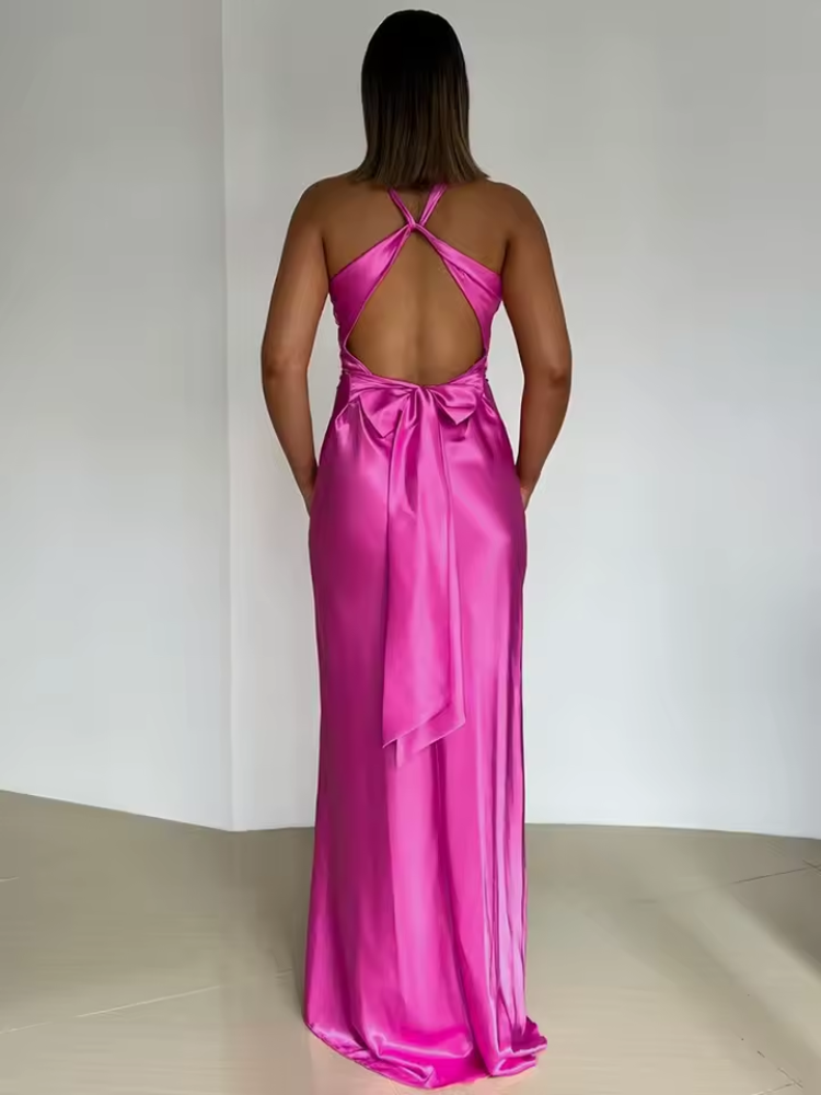 Women’s Backless Maxi Dress | Cross Back Tie Waist Evening Dress