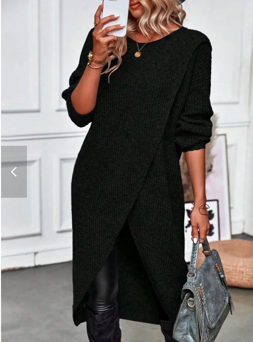 Knit Midi Wrap Dress - Long Sleeve Asymmetric Hem