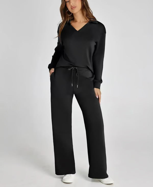 Loungewear Set - V Neck Top with Wide Leg Trousers