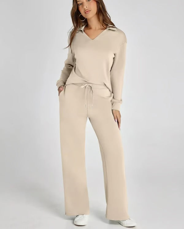 Loungewear Set - V Neck Top with Wide Leg Trousers