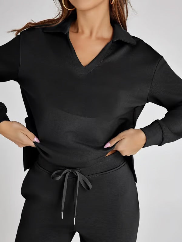 Loungewear Set - V Neck Top with Wide Leg Trousers