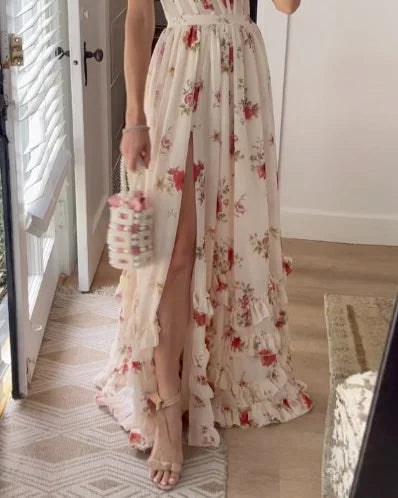 Women's Floral Ruffle Corset Wedding Guest Maxi Dress