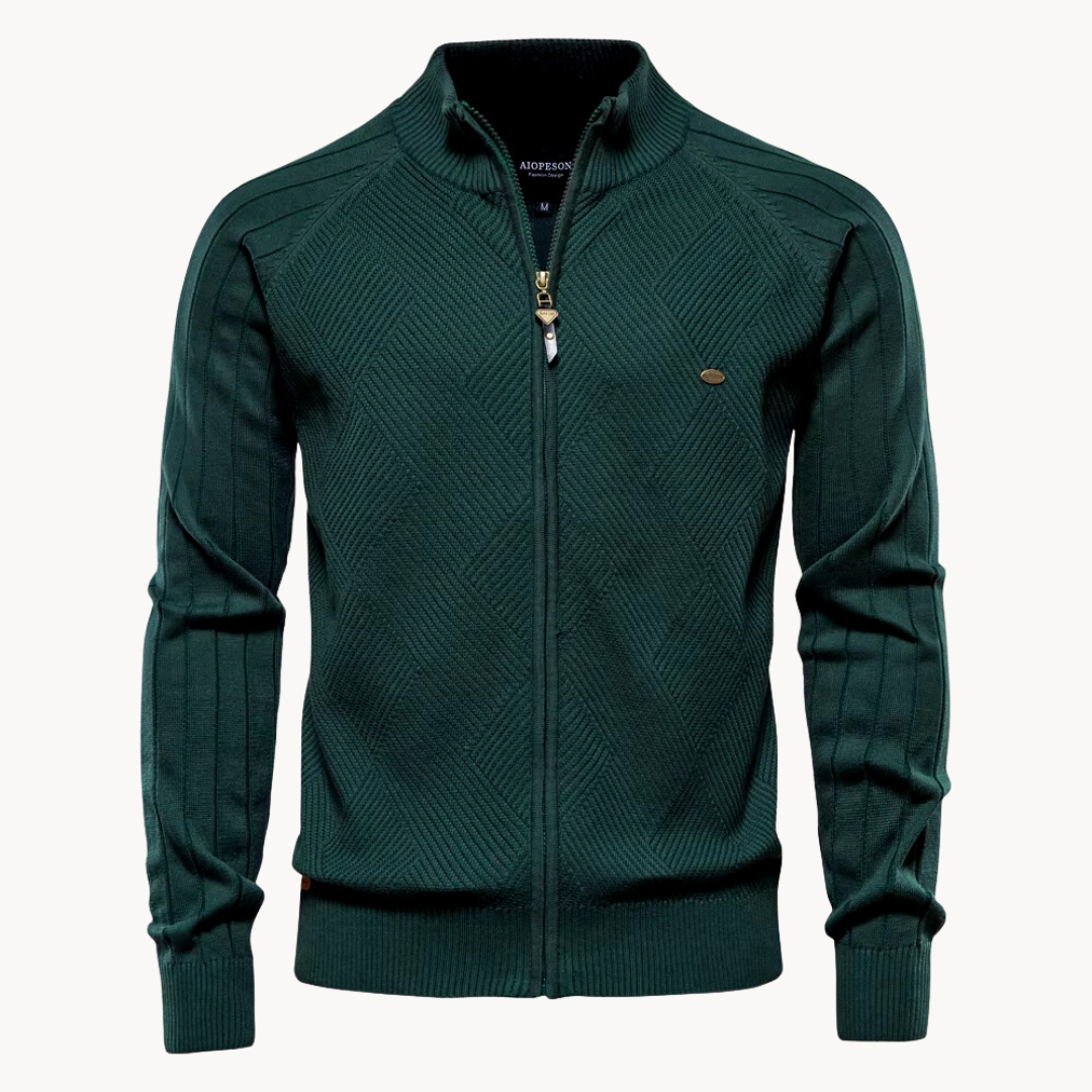 Full Zip Knit Jacket - Ribbed Shoulders and High Collar
