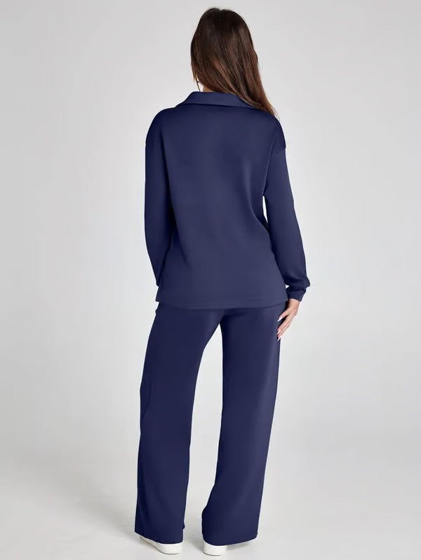 Loungewear Set - V Neck Top with Wide Leg Trousers